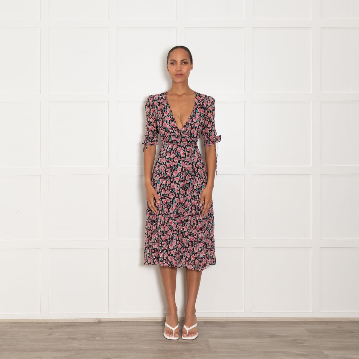 The Kooples Black Pink Floral Silver Lurex Wrap Dress