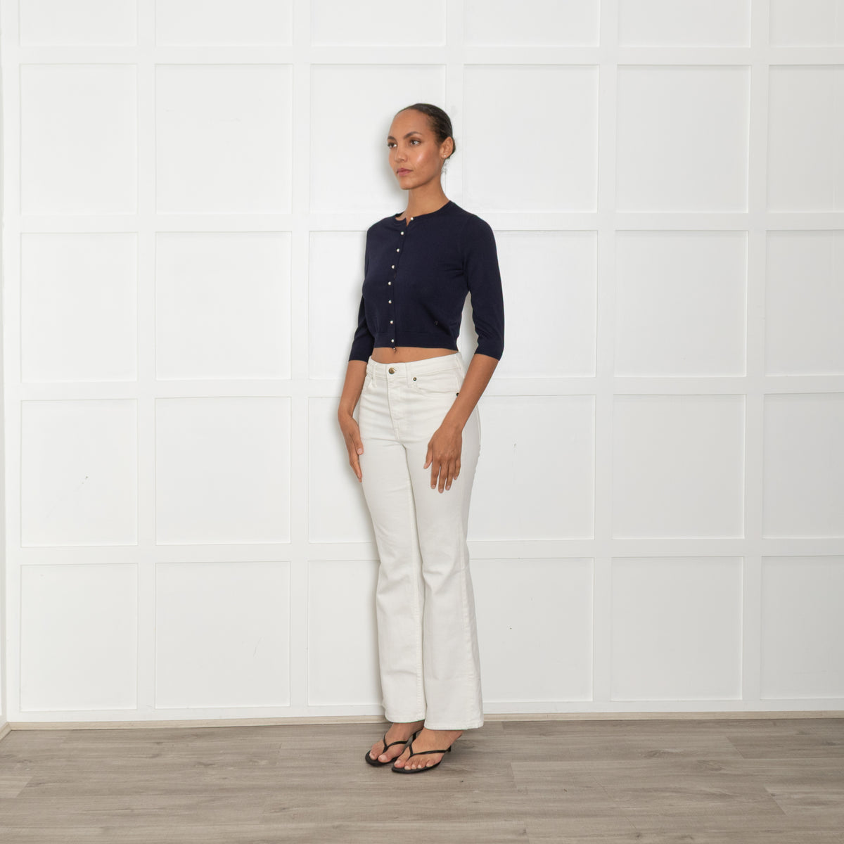 CH Carolina Herrera Navy Pearl Button Cropped Cardigan