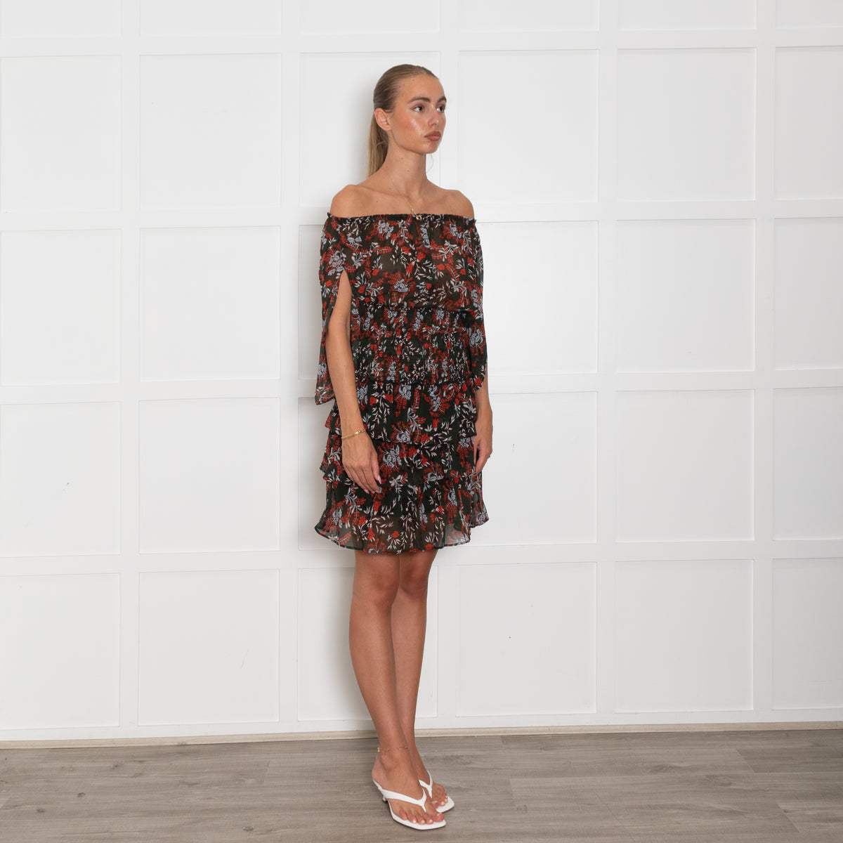 Maje Bottle Green Orange Floral Elasticated Waist Mini Dress