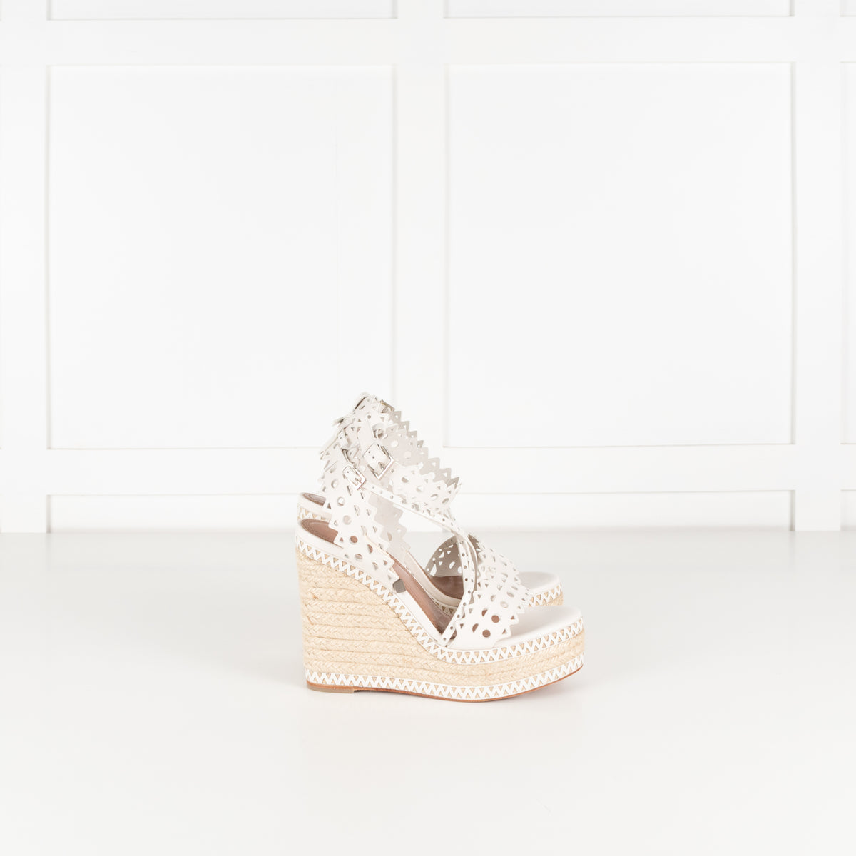 Alaia White Perforated Leather Espadrille Heeled Wedges
