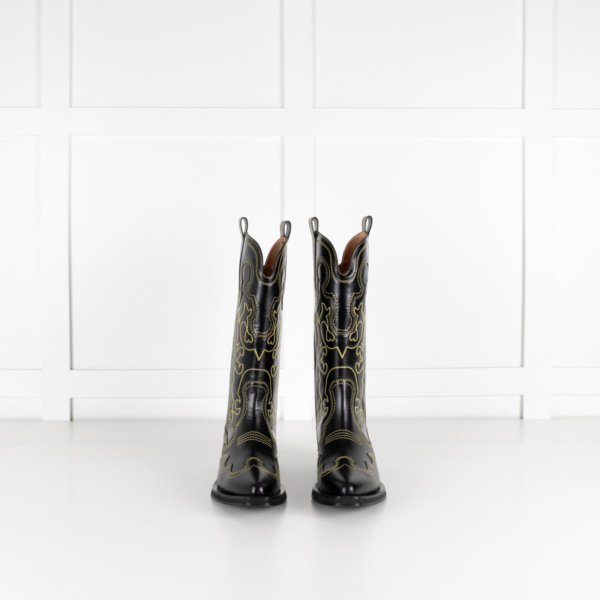 GANNI Mid Shaft Embroidered Western Boot Black/Yellow
