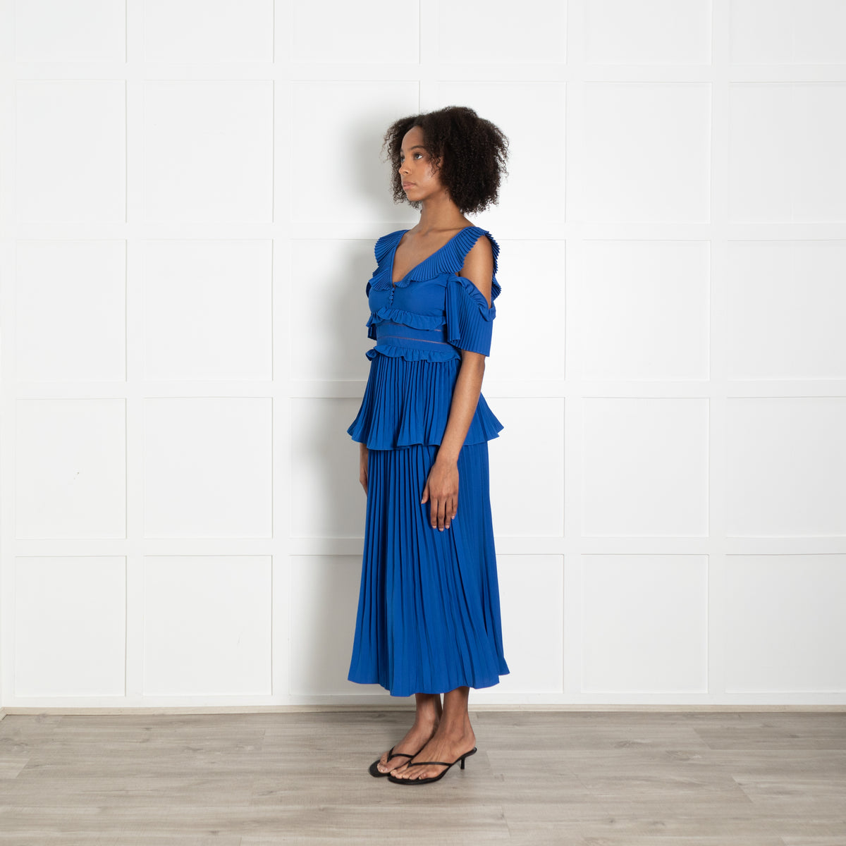 Self Portrait Royal Blue Pleated Detail Short Sleeve Dress