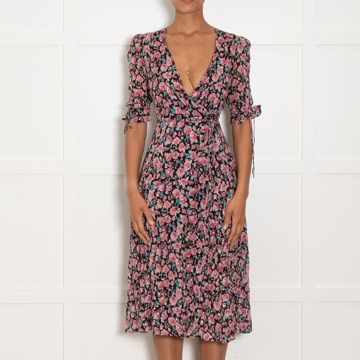 The Kooples Black Pink Floral Silver Lurex Wrap Dress