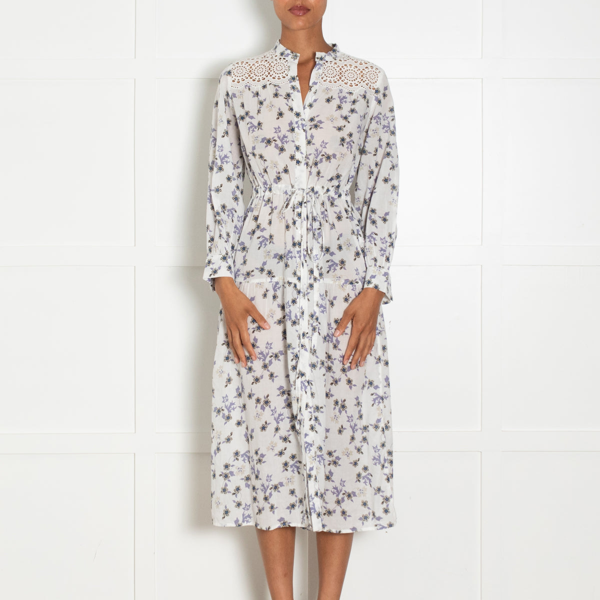 Sandro White Lilac Floral Cotton Lace Detail Midi Dress