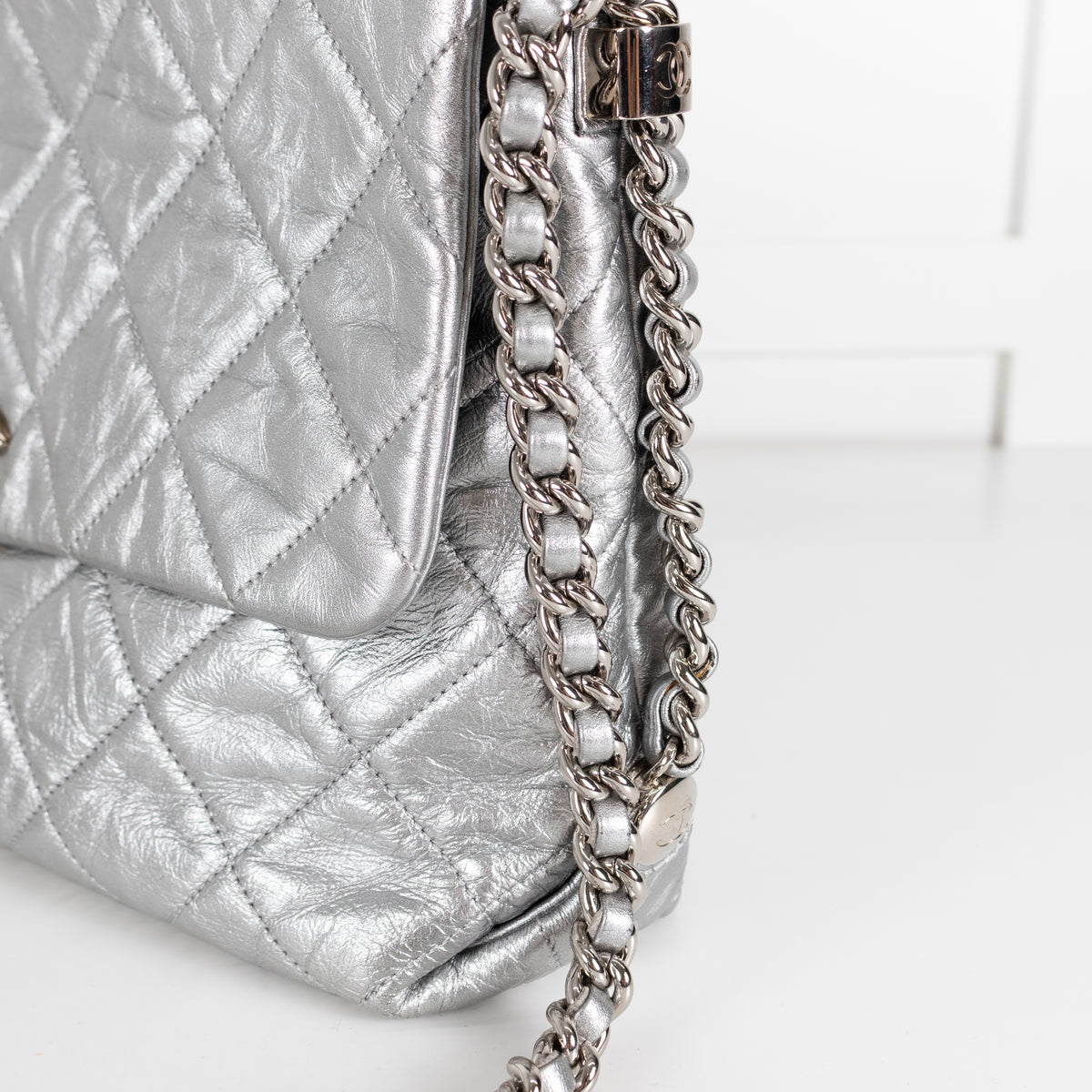 Chanel Leather Turn Lock Chain Silver Shoulder Bag