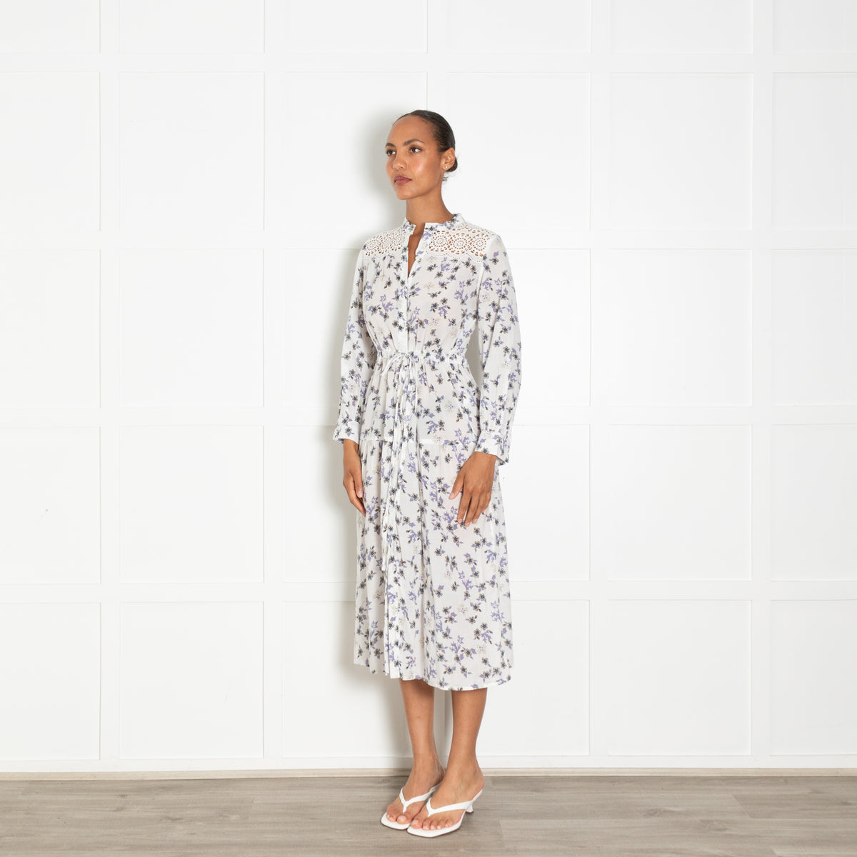 Sandro White Lilac Floral Cotton Lace Detail Midi Dress