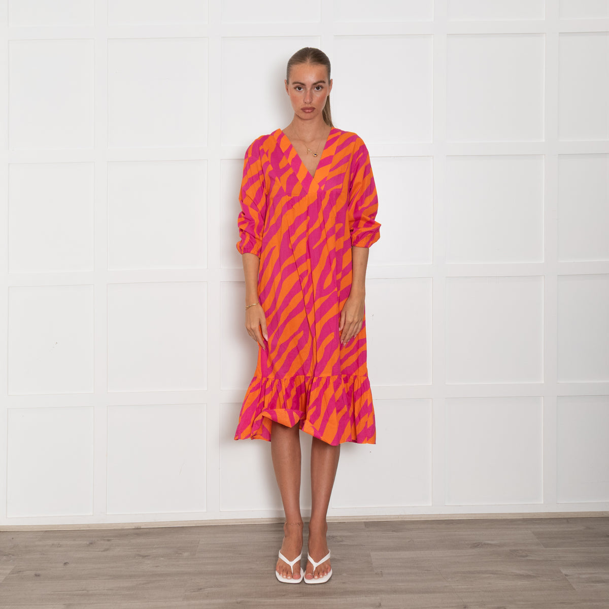 Vilagallo Orange Pink Zebra Print Cotton Dress