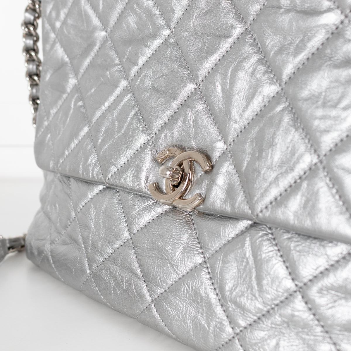 Chanel Leather Turn Lock Chain Silver Shoulder Bag