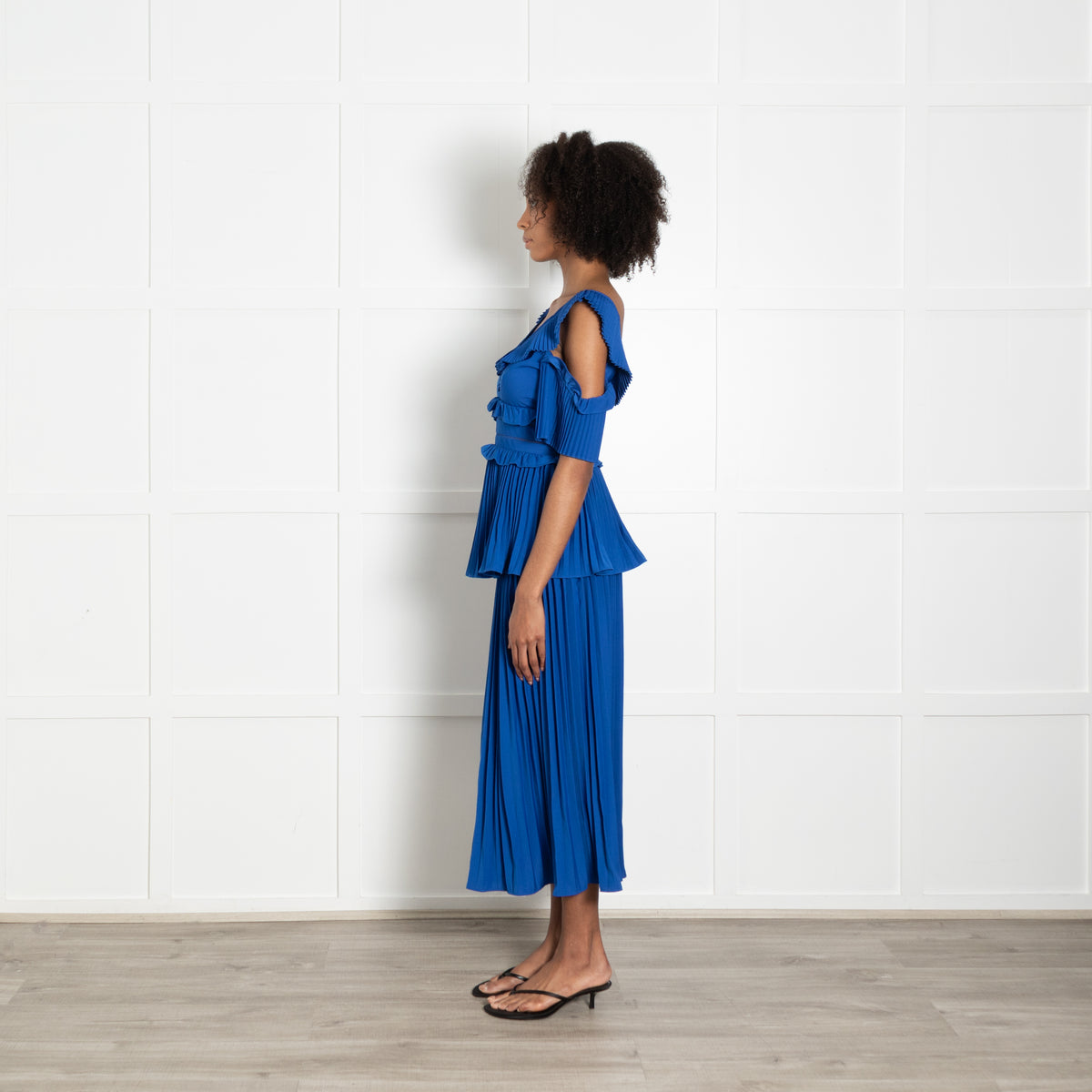 Self Portrait Royal Blue Pleated Detail Short Sleeve Dress