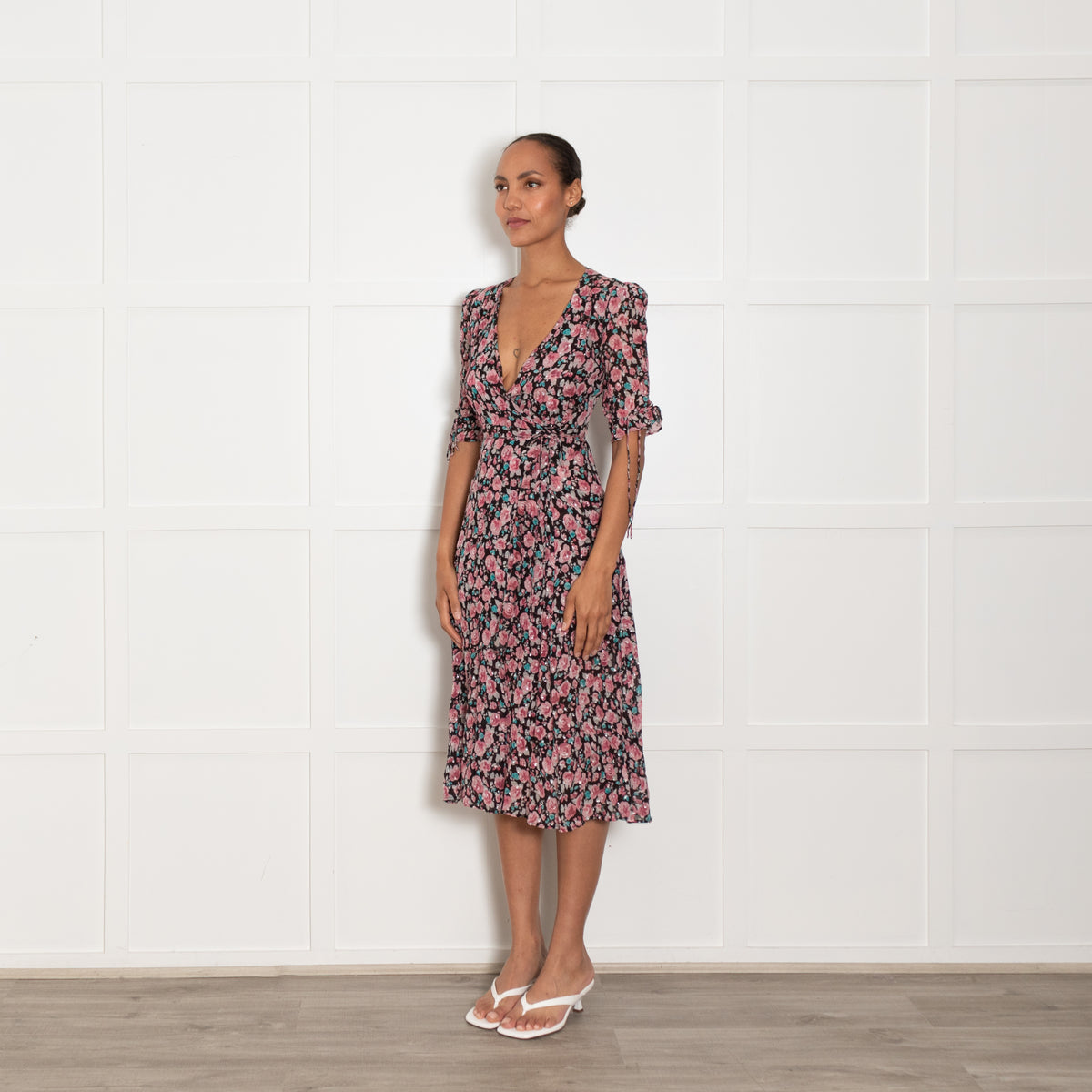 The Kooples Black Pink Floral Silver Lurex Wrap Dress