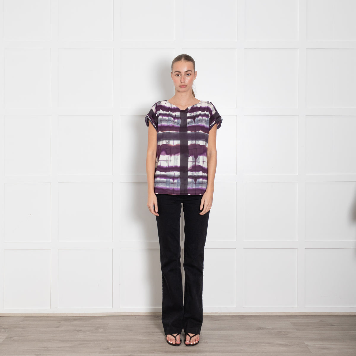 Alice + Olivia Purple Cream Abstract Check Print  Silk Top