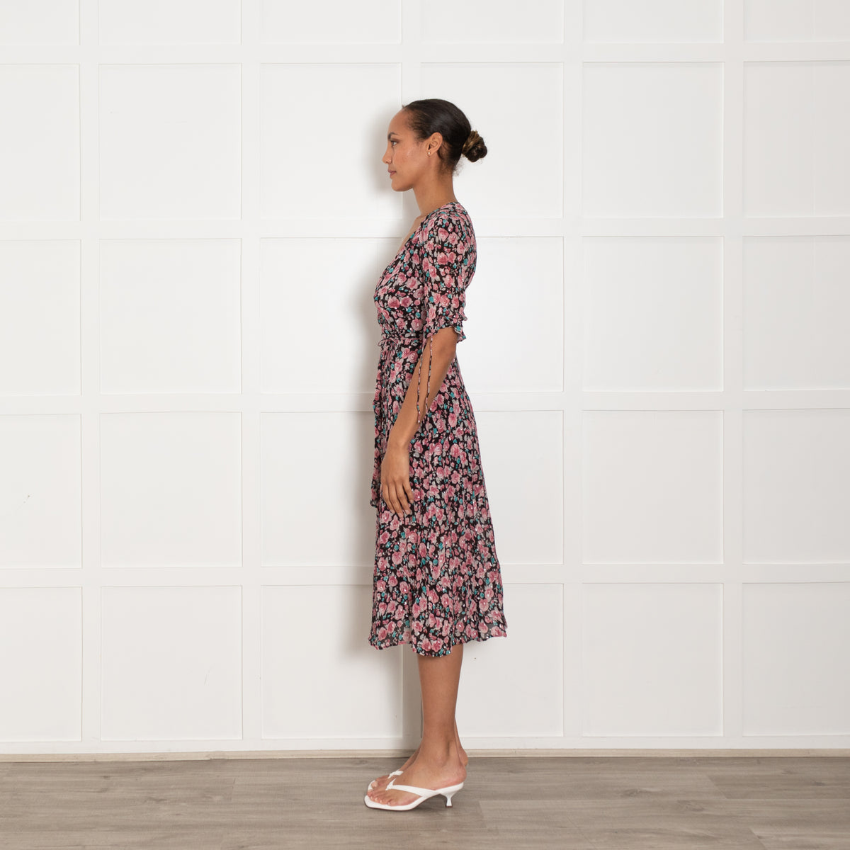 The Kooples Black Pink Floral Silver Lurex Wrap Dress