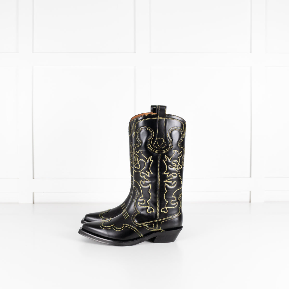 GANNI Mid Shaft Embroidered Western Boot Black/Yellow