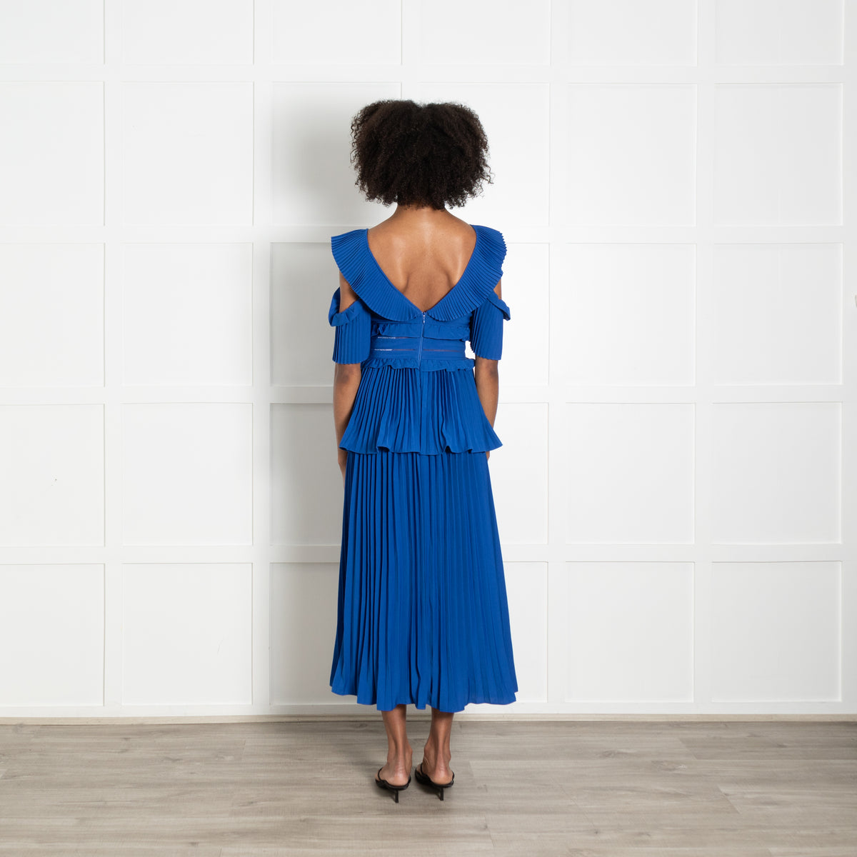 Self Portrait Royal Blue Pleated Detail Short Sleeve Dress