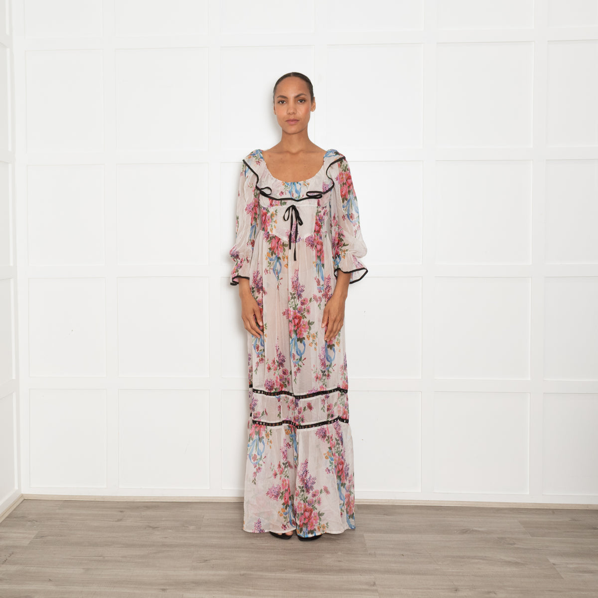 For Love & Lemons Floral Severine Whimsical Sheer Maxi Dress