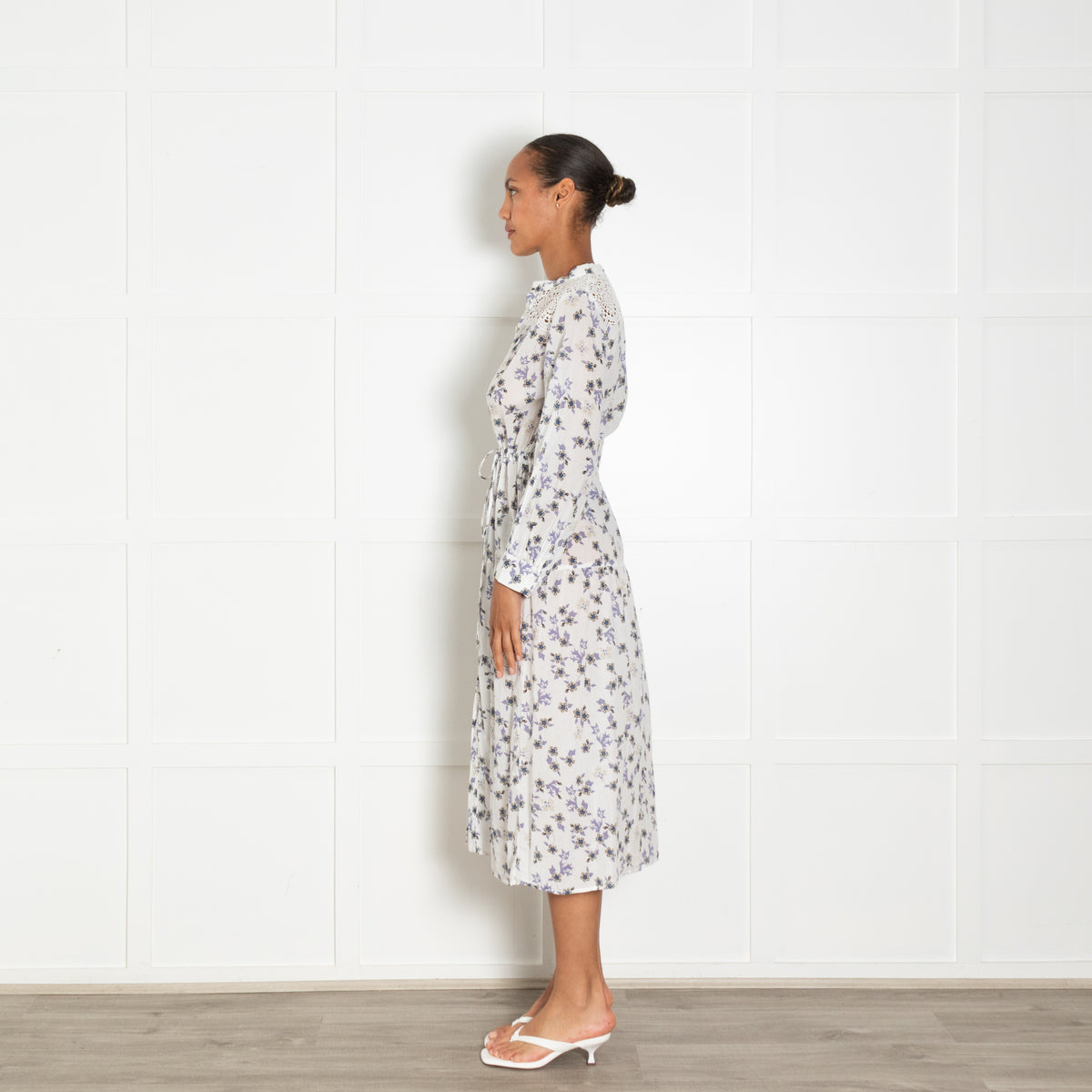 Sandro White Lilac Floral Cotton Lace Detail Midi Dress
