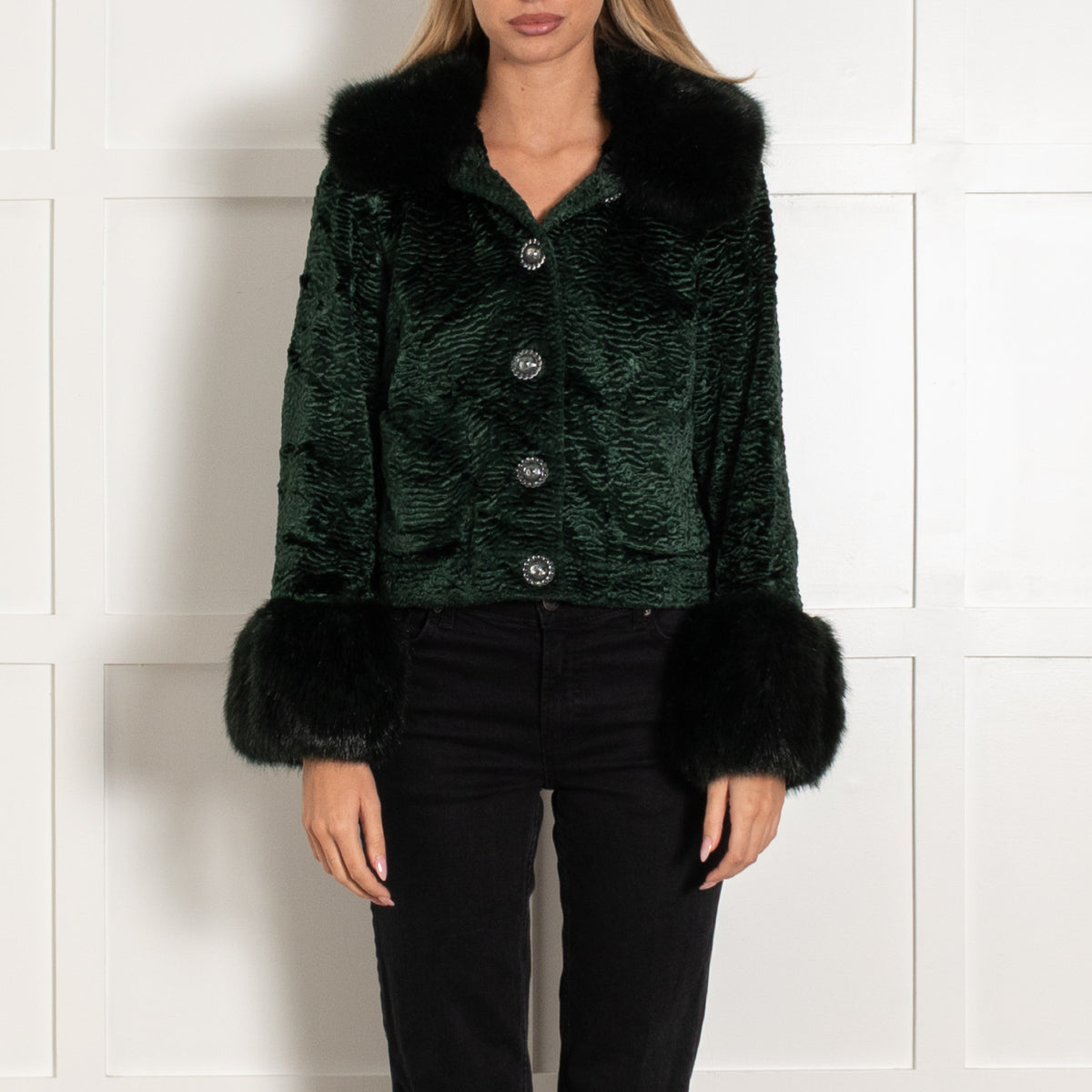 Shrimps Bottle Green Velvet Faux Fur Jacket
