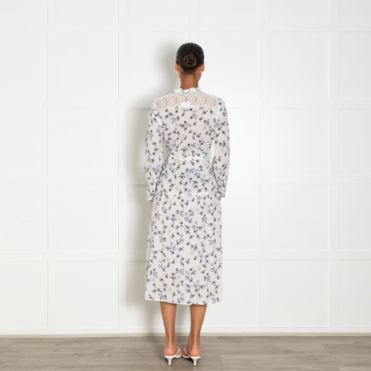 Sandro White Lilac Floral Cotton Lace Detail Midi Dress