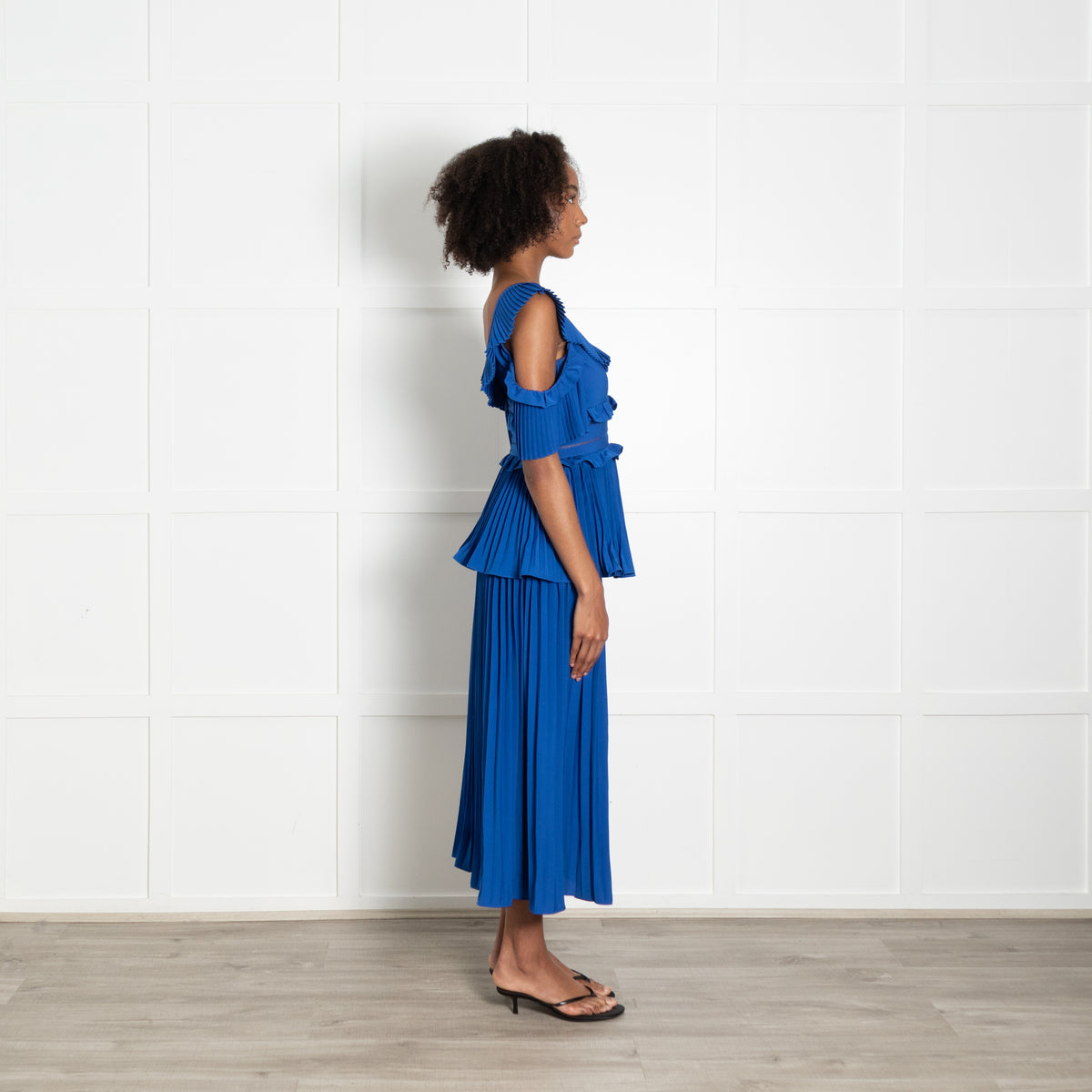 Self Portrait Royal Blue Pleated Detail Short Sleeve Dress