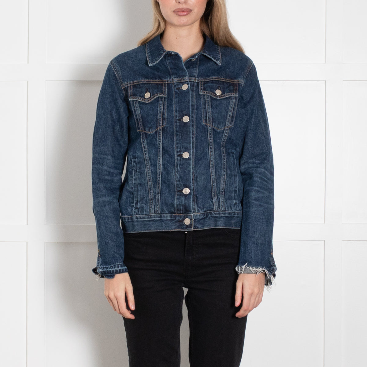 Rag & Bone Blue Denim Raw Hem Sleeve Jacket