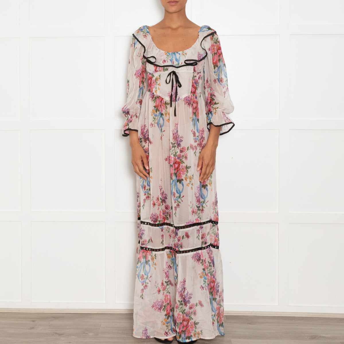 For Love & Lemons Floral Severine Whimsical Sheer Maxi Dress