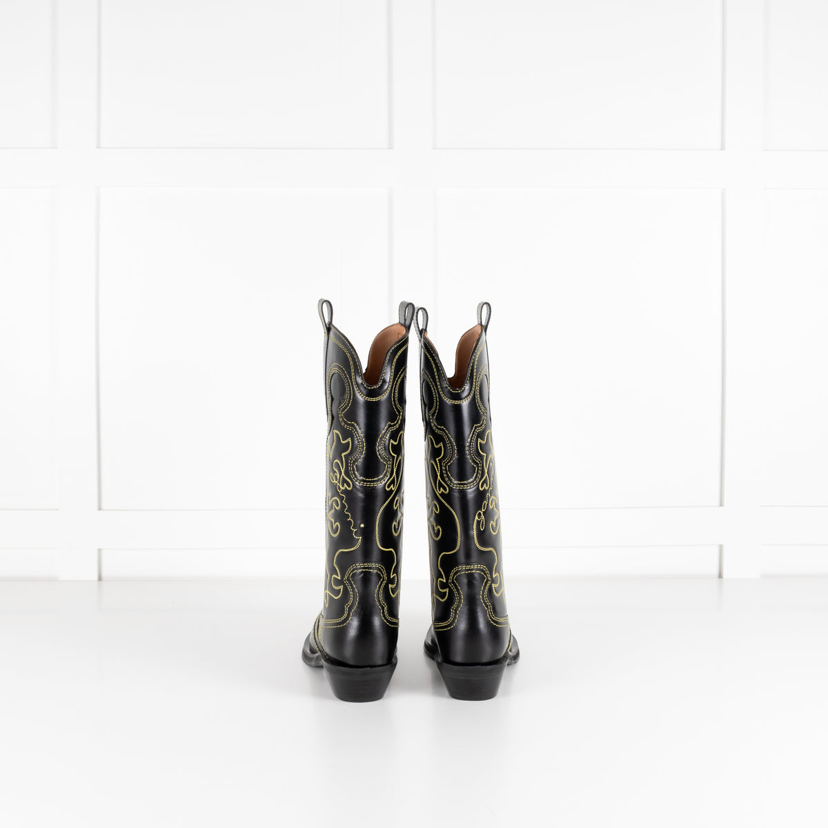 GANNI Mid Shaft Embroidered Western Boot Black/Yellow