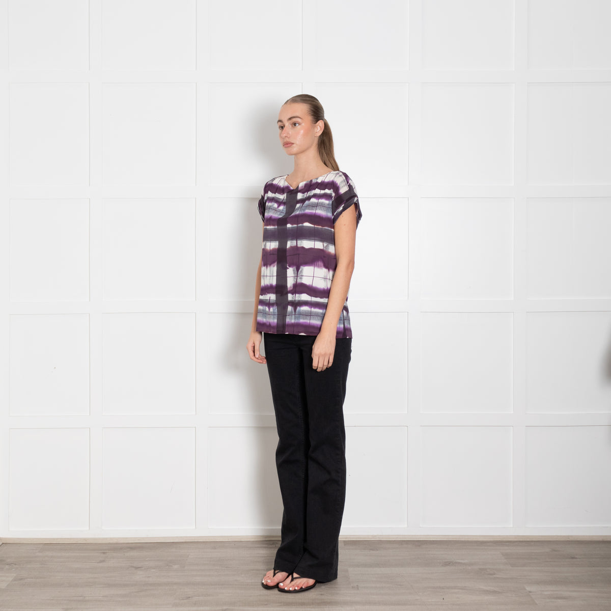 Alice + Olivia Purple Cream Abstract Check Print  Silk Top