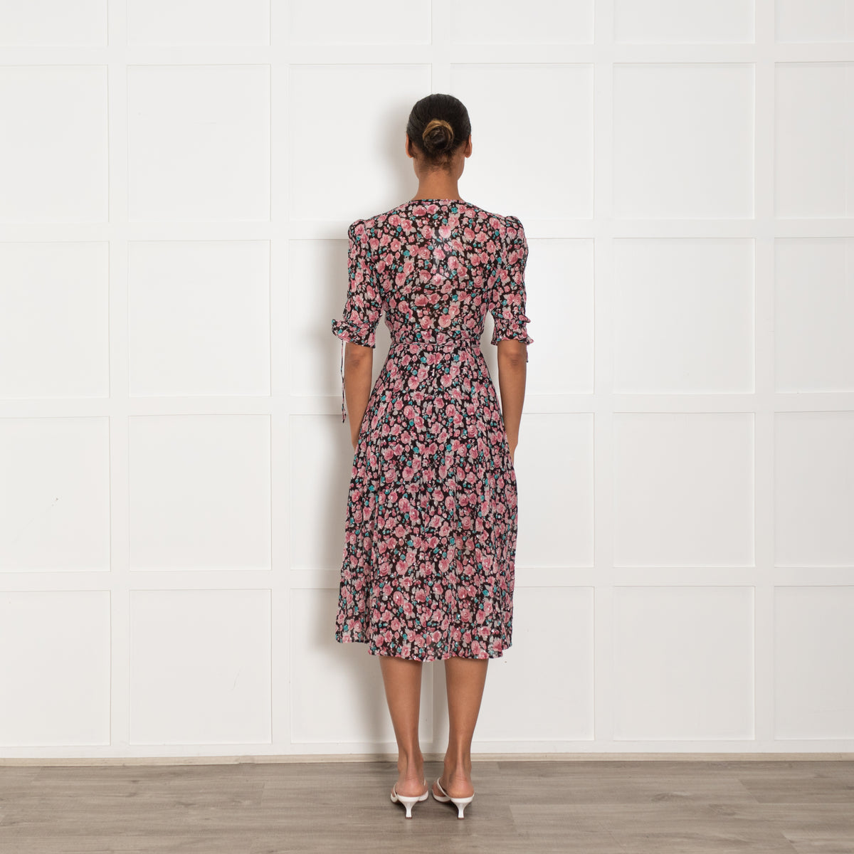 The Kooples Black Pink Floral Silver Lurex Wrap Dress