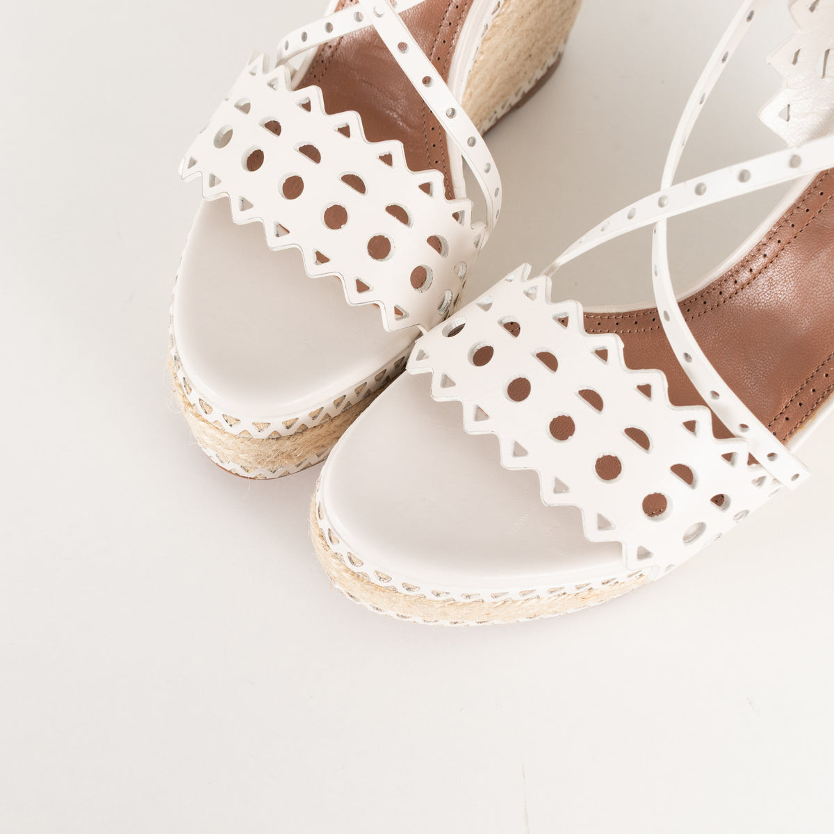 Alaia White Perforated Leather Espadrille Heeled Wedges