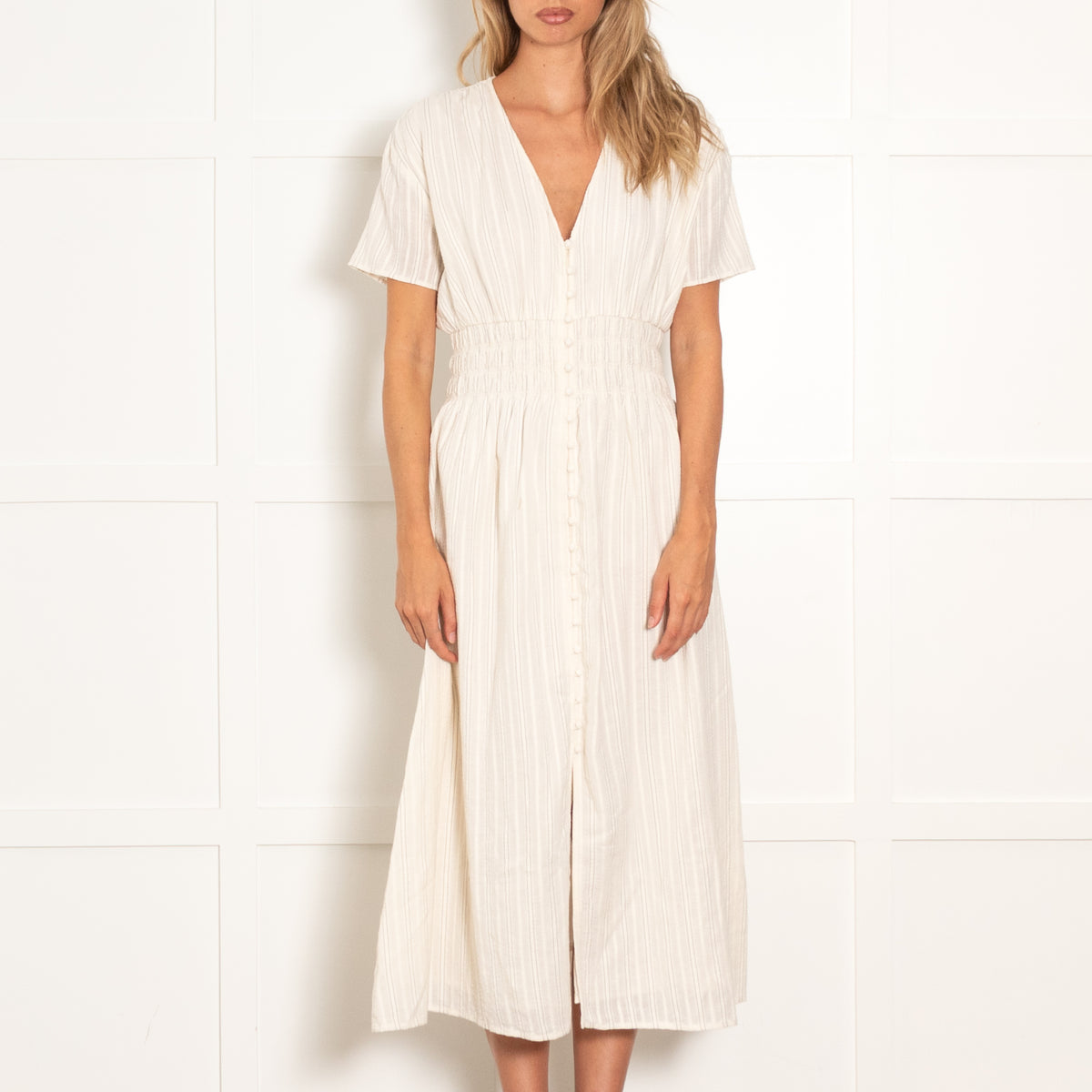 Sessun Cream Striped Short Sleeve Dress