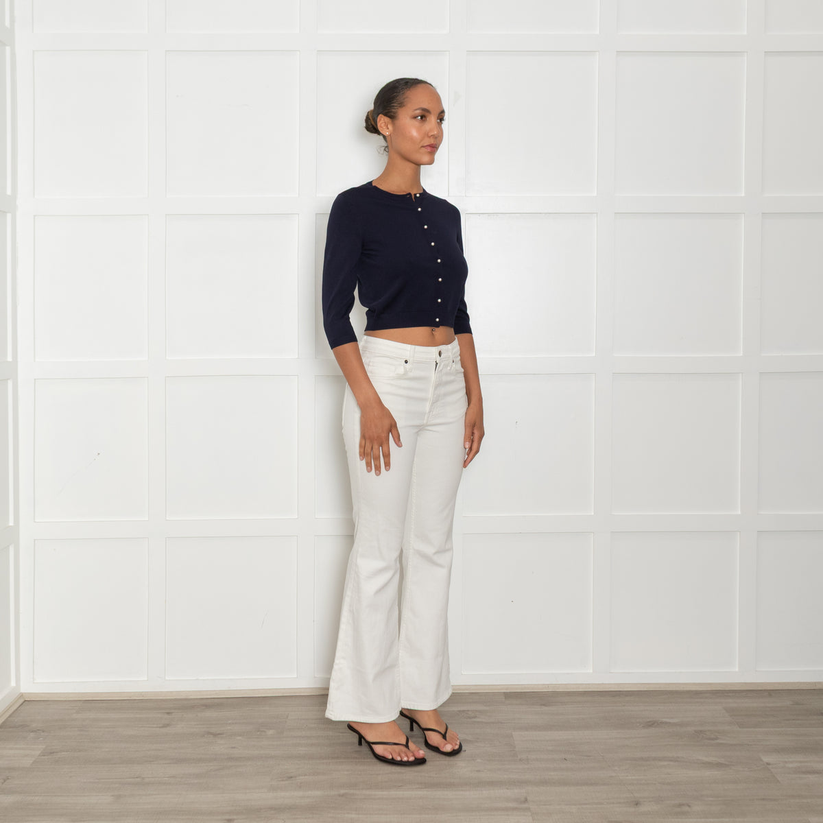CH Carolina Herrera Navy Pearl Button Cropped Cardigan