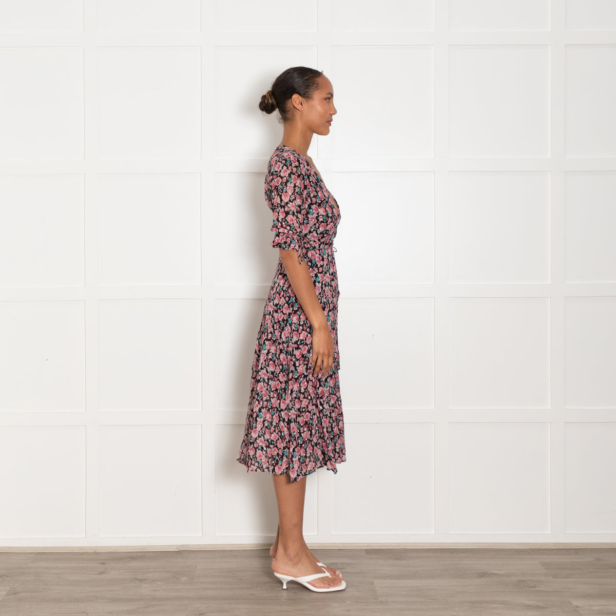 The Kooples Black Pink Floral Silver Lurex Wrap Dress