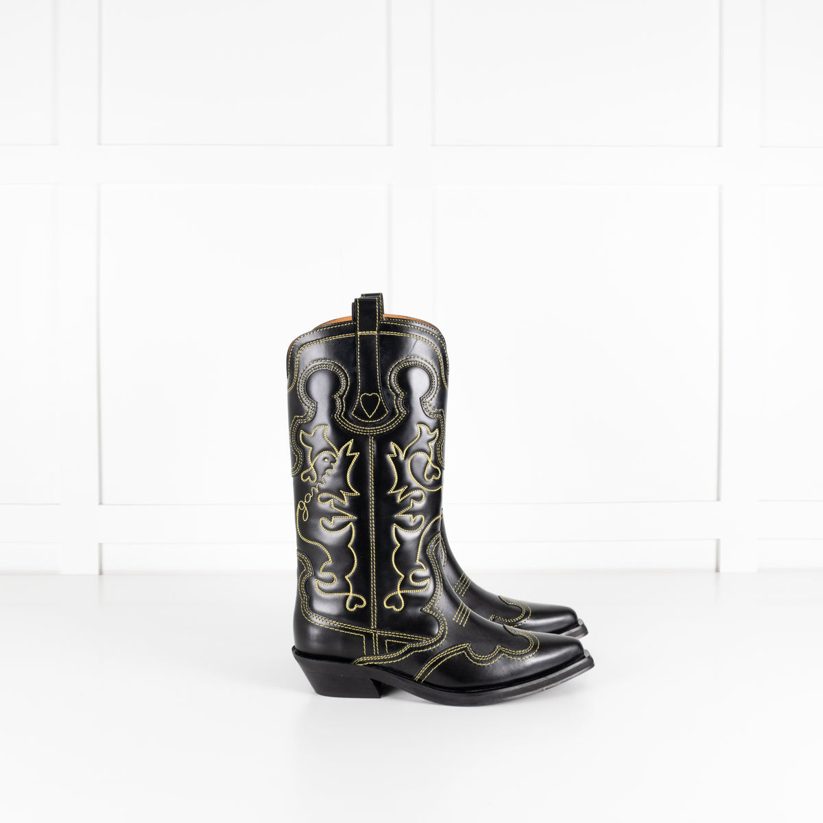 GANNI Mid Shaft Embroidered Western Boot Black/Yellow