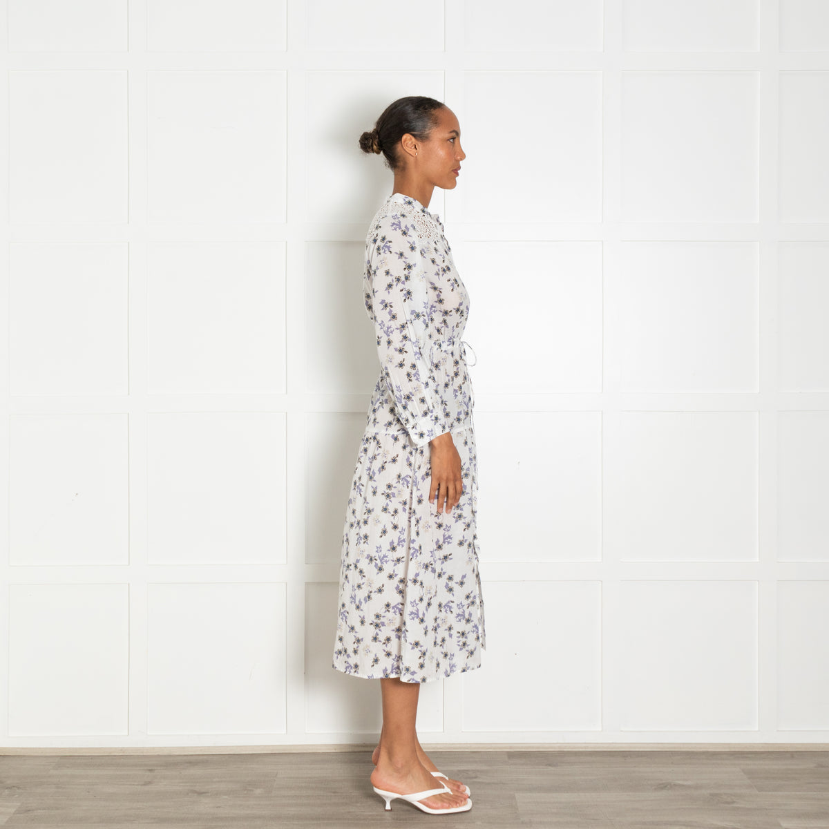 Sandro White Lilac Floral Cotton Lace Detail Midi Dress