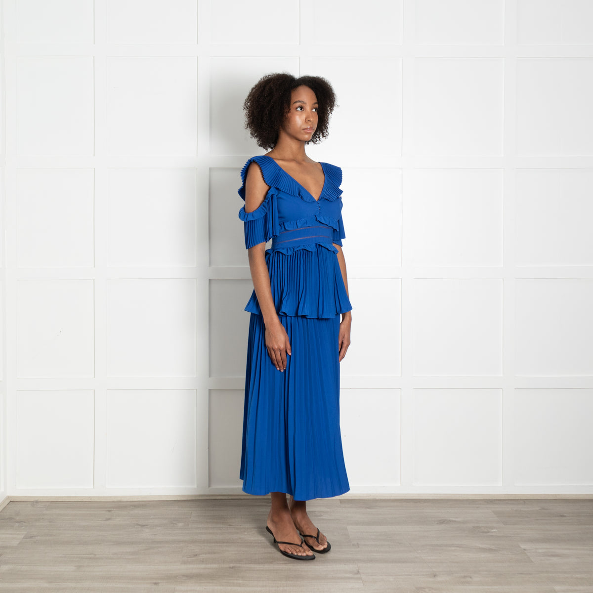 Self Portrait Royal Blue Pleated Detail Short Sleeve Dress