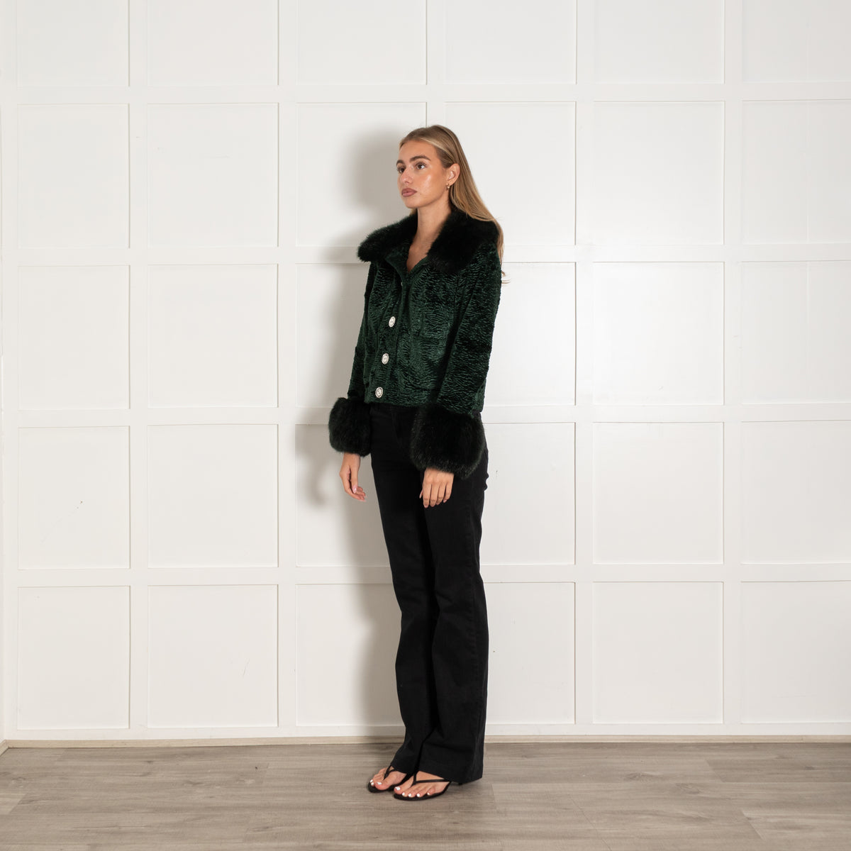 Shrimps Bottle Green Velvet Faux Fur Jacket