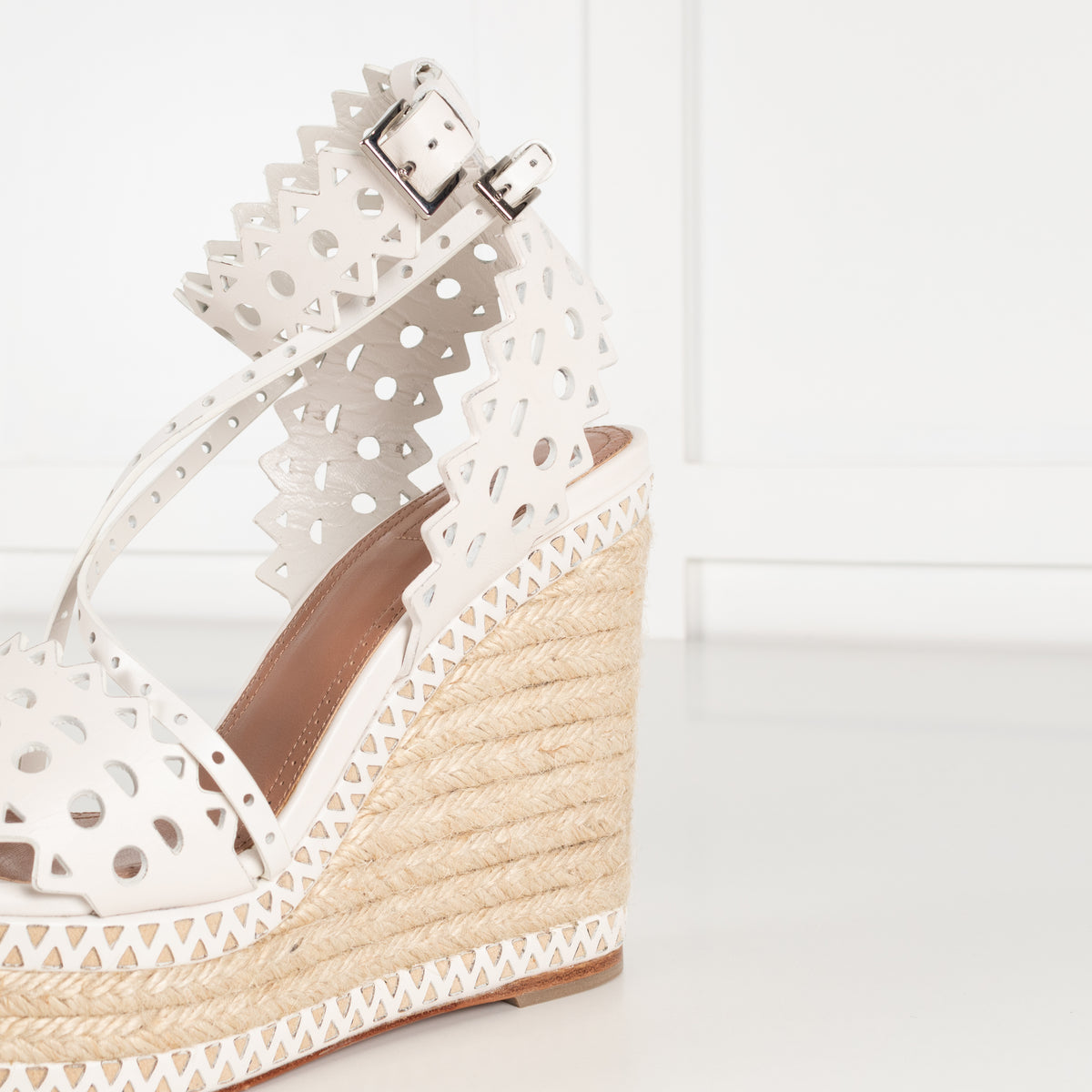 Alaia White Perforated Leather Espadrille Heeled Wedges