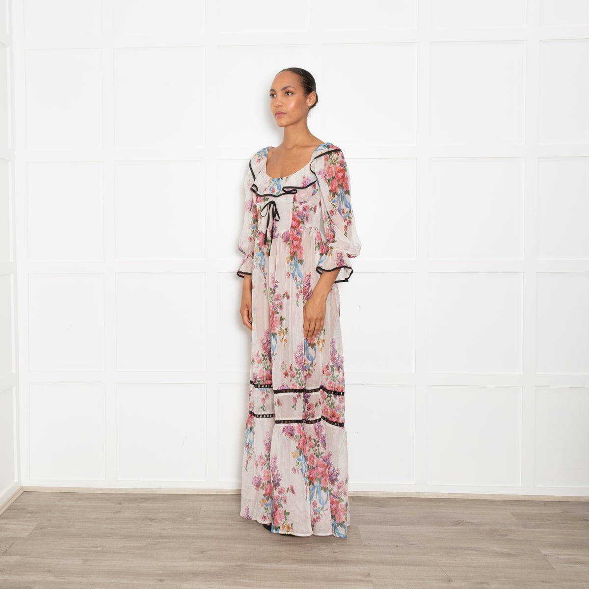 For Love & Lemons Floral Severine Whimsical Sheer Maxi Dress
