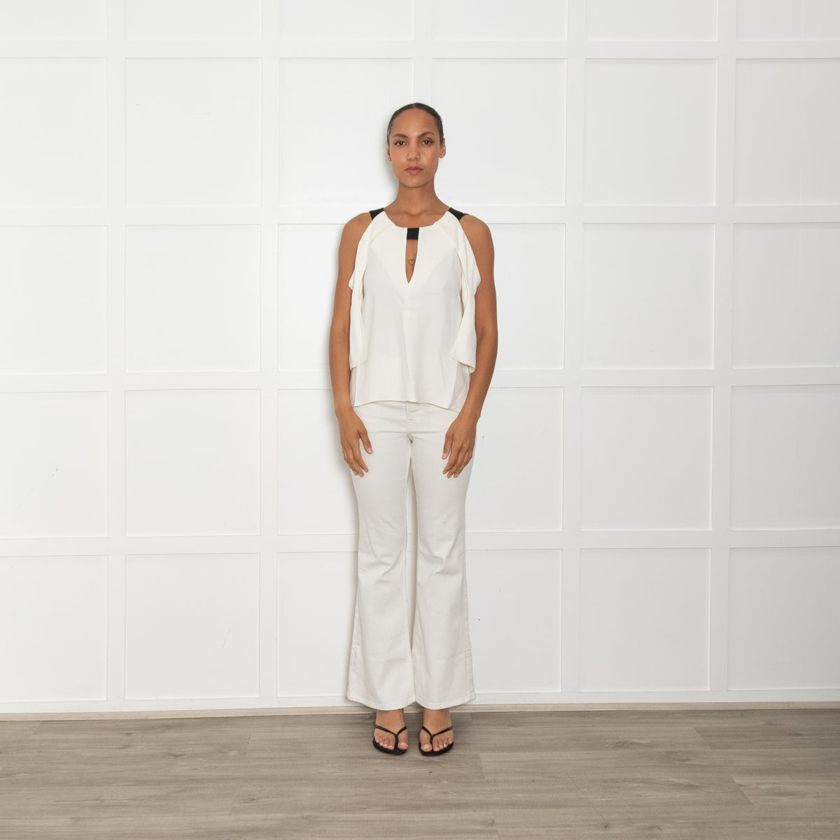 Roland Mouret Cream Black Elasticated Shoulder Straps Top