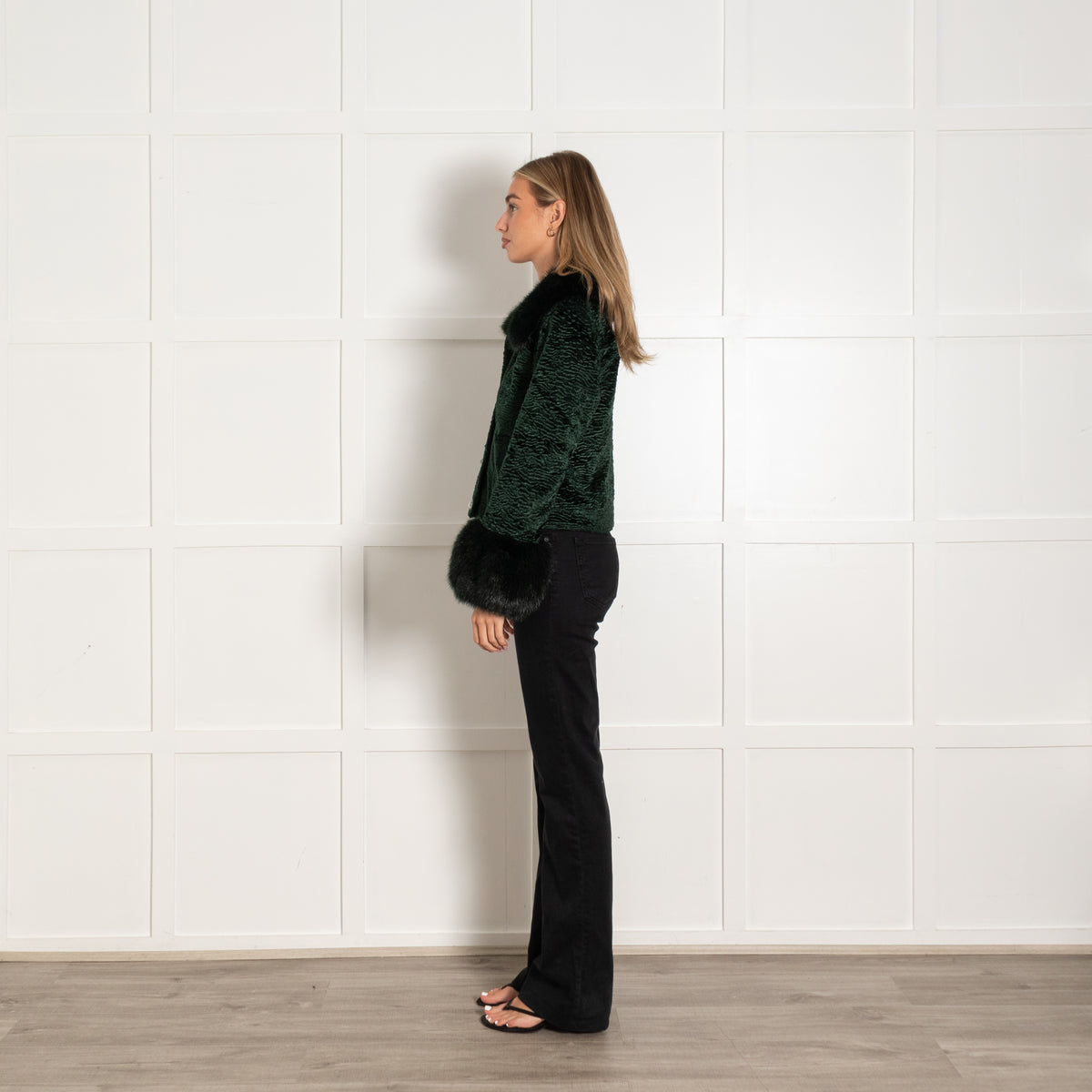 Shrimps Bottle Green Velvet Faux Fur Jacket