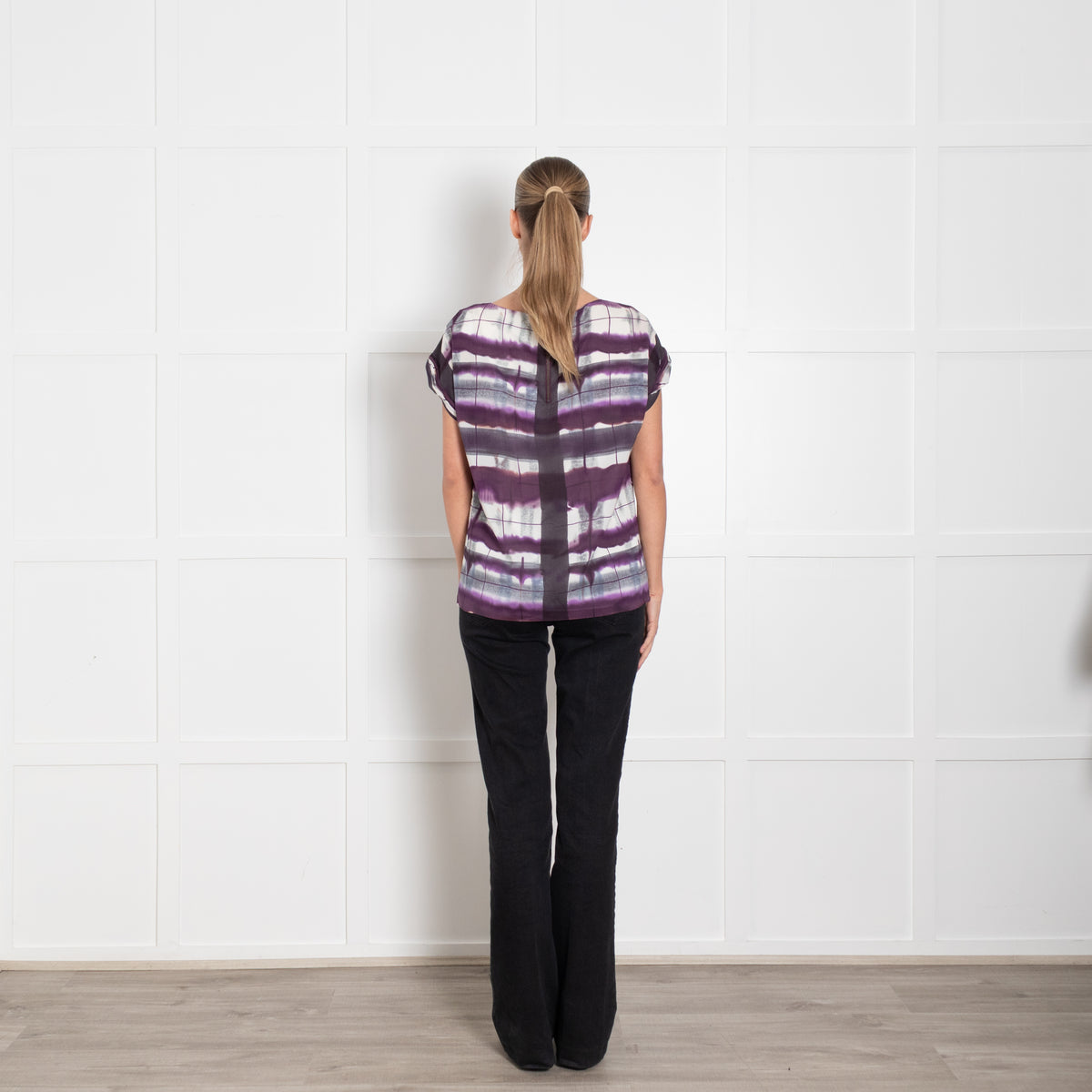 Alice + Olivia Purple Cream Abstract Check Print  Silk Top