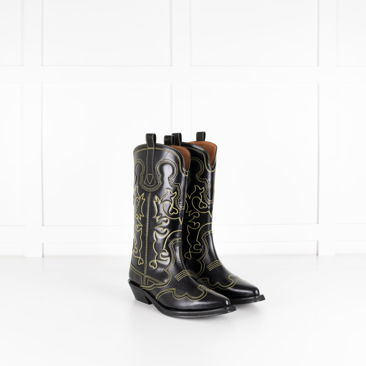GANNI Mid Shaft Embroidered Western Boot Black/Yellow