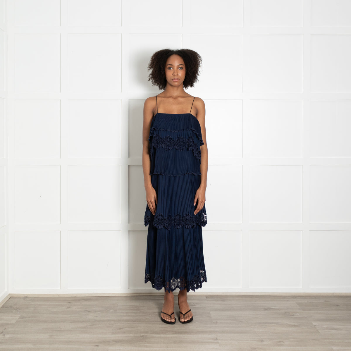 Self Portrait Navy Micro Pleat Tiered Strap Dress
