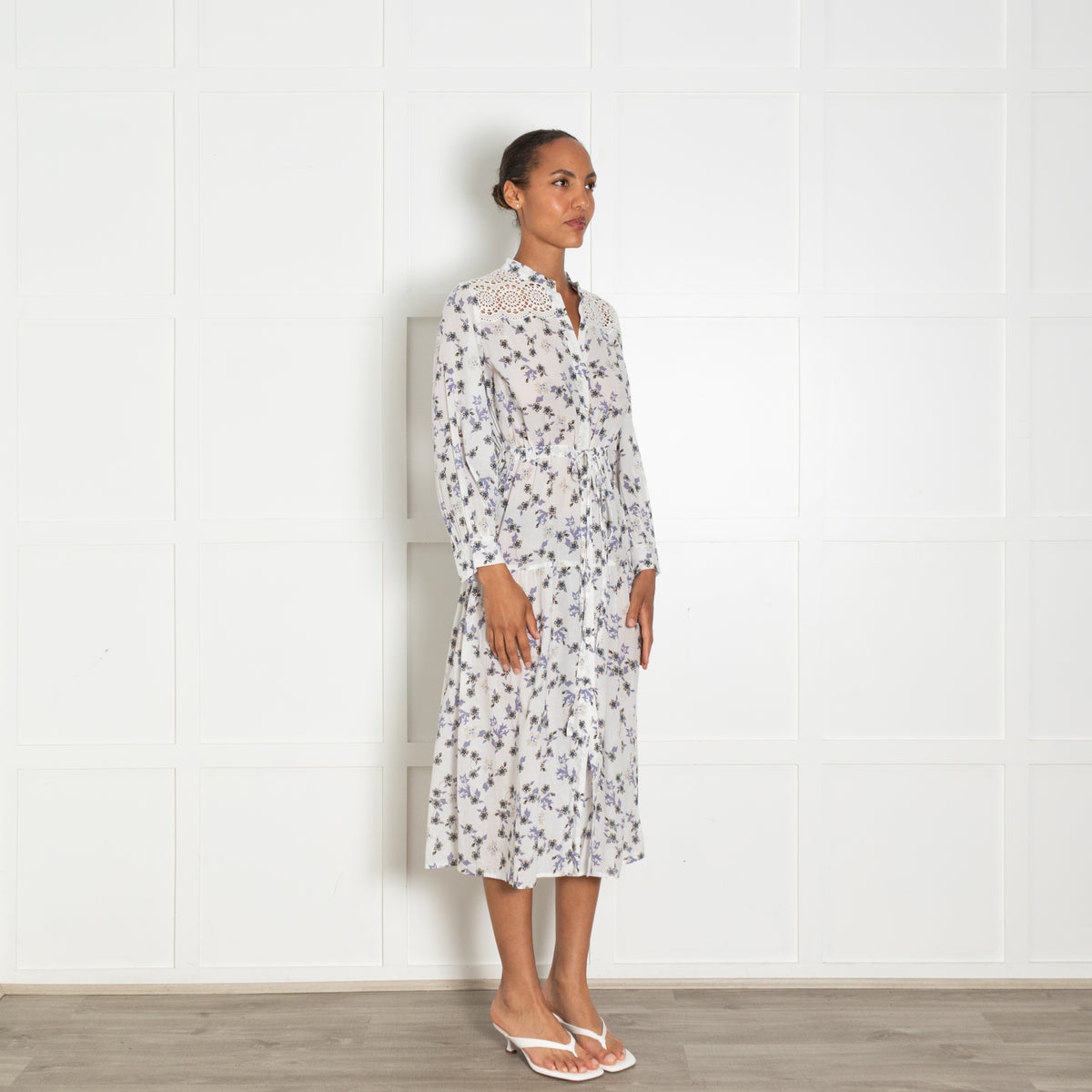Sandro White Lilac Floral Cotton Lace Detail Midi Dress