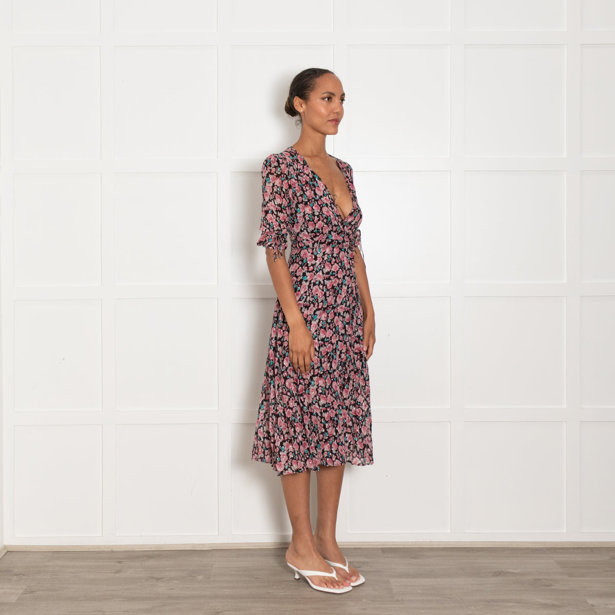 The Kooples Black Pink Floral Silver Lurex Wrap Dress