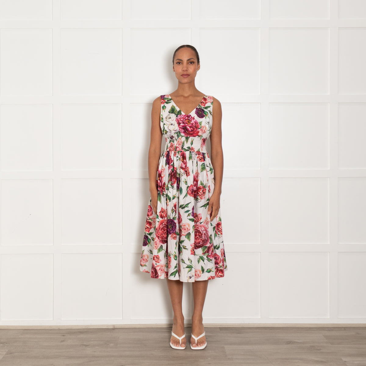 Dolce & Gabbana White Red Rose Cotton Sleeveless Dress