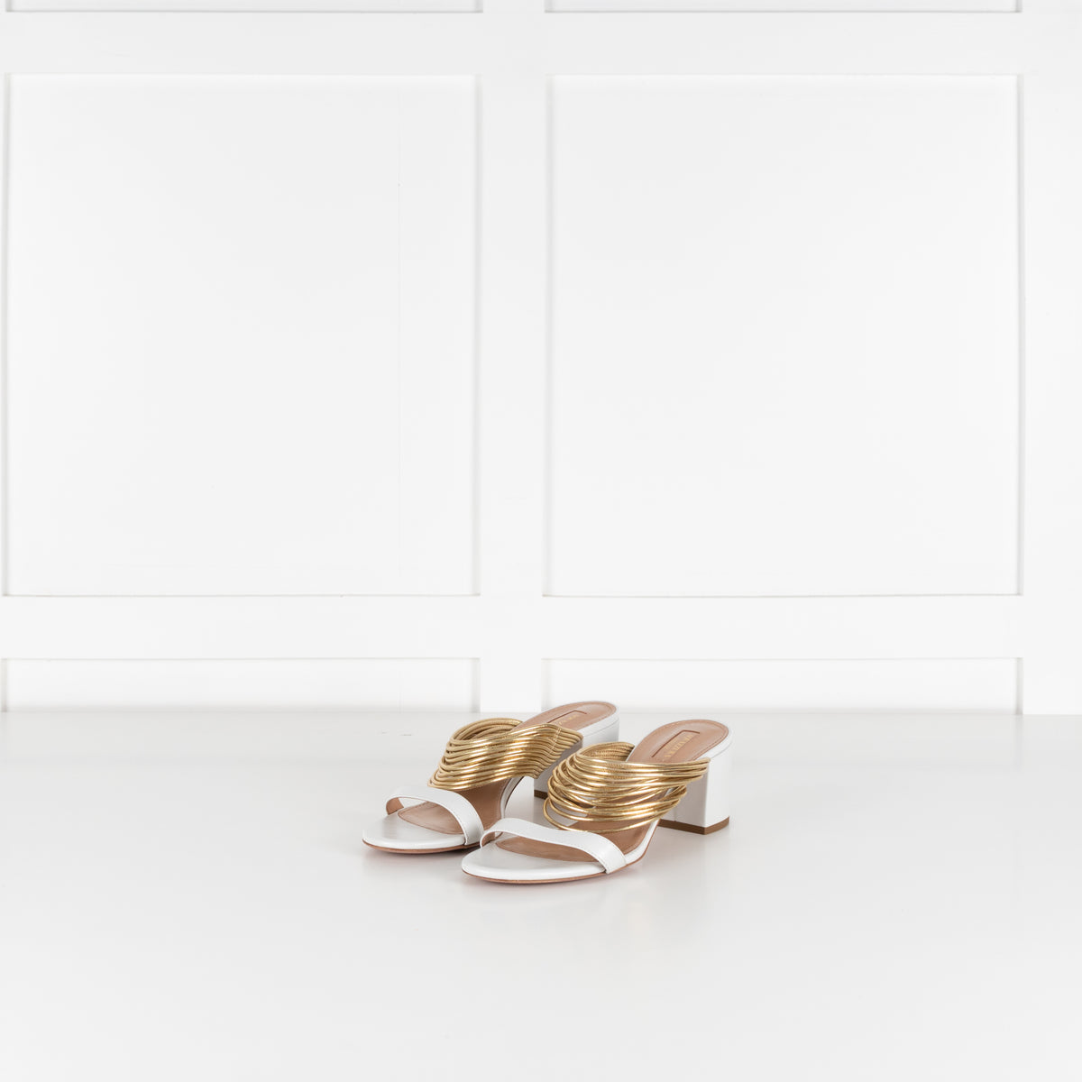Aquazzura White Gold Leather Rendez Vous Block Heel Sandals