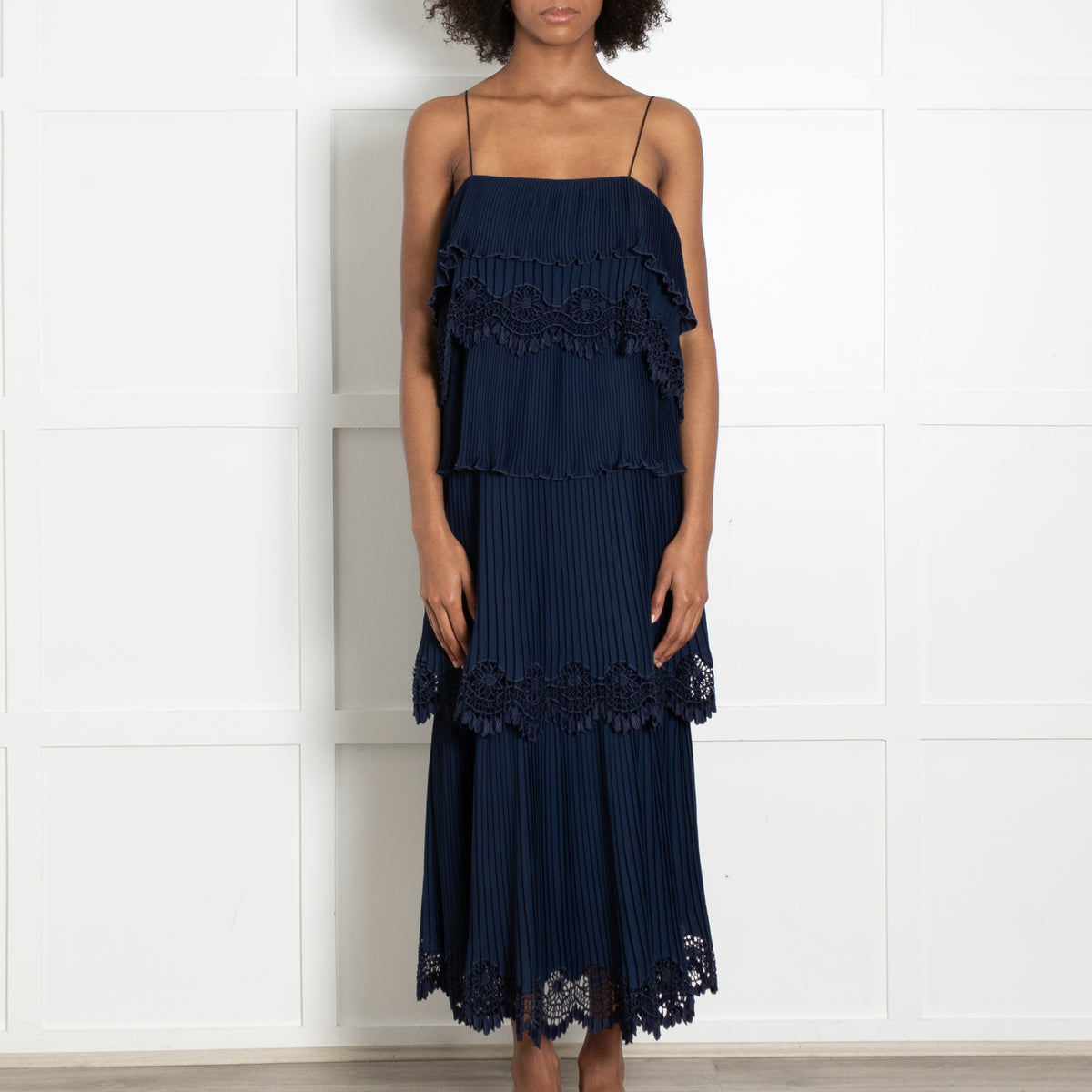 Self Portrait Navy Micro Pleat Tiered Strap Dress