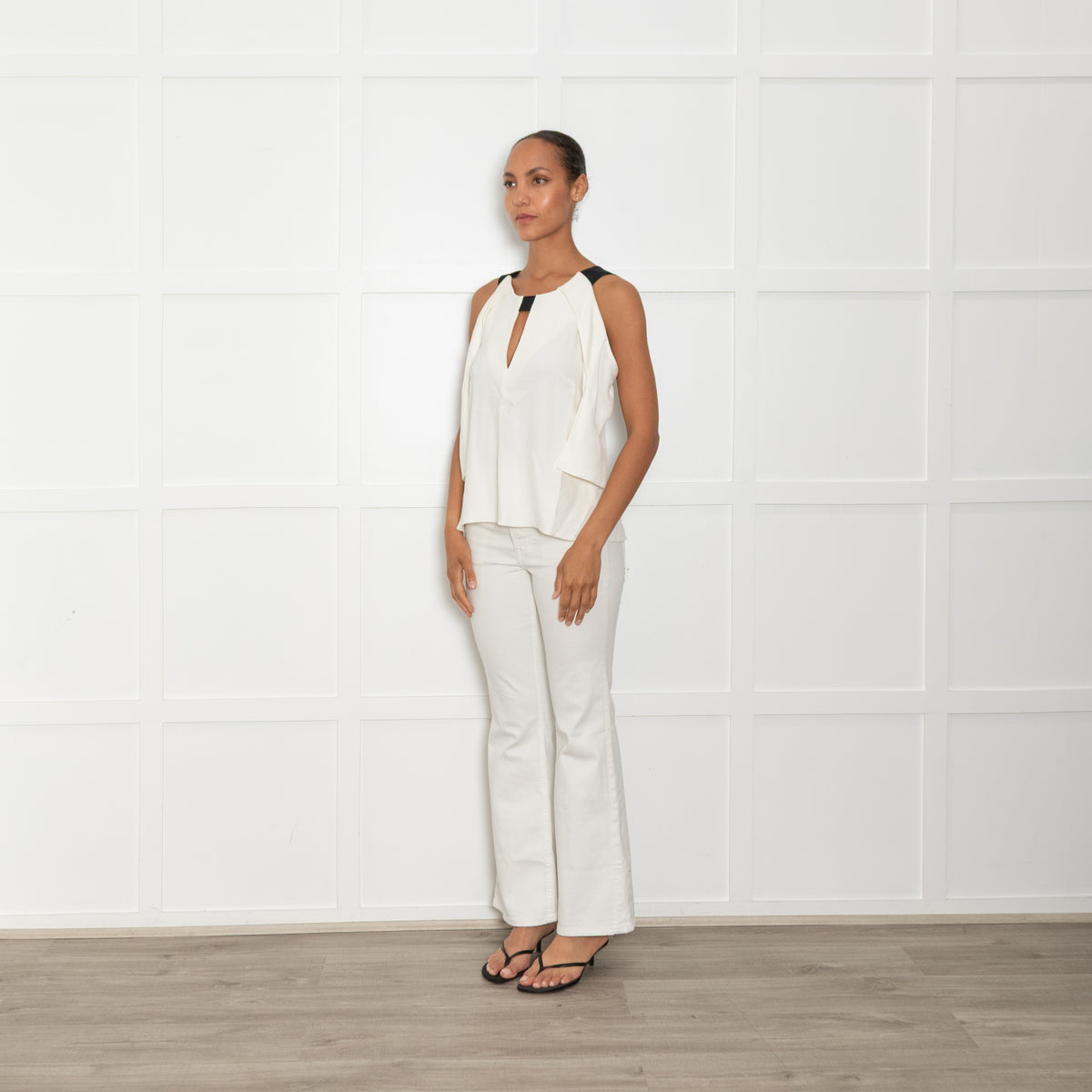 Roland Mouret Cream Black Elasticated Shoulder Straps Top