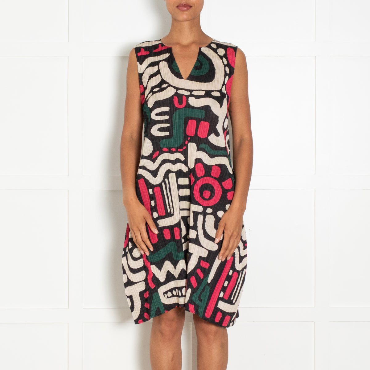 Pleats Please Black Pink Green Pleated Sleeveless Dress